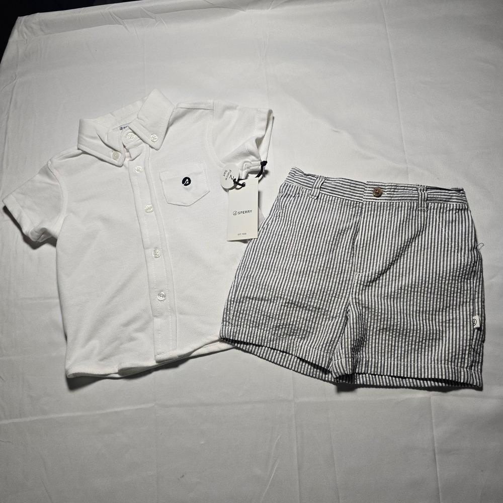 Sperry Baby Boys 12M White Pique Polo Shirt and Blue‎ Seersucker Shorts NWT